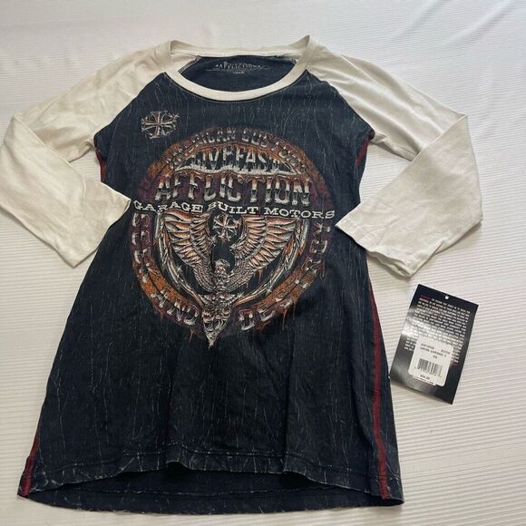 NWT Affliction Union Chrome Grey 3/4 Length Sleeves Grungy Y2K Shirt Size XS New - Picture 2 of 9